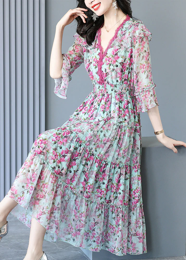 Retro Purple Flower V Neck Print Ruffles Silk Long Dresses Long Sleeve - republicanstateiRetro Purple Flower V Neck Print Ruffles Silk Long Dresses Long Sleeve - republicanstatei