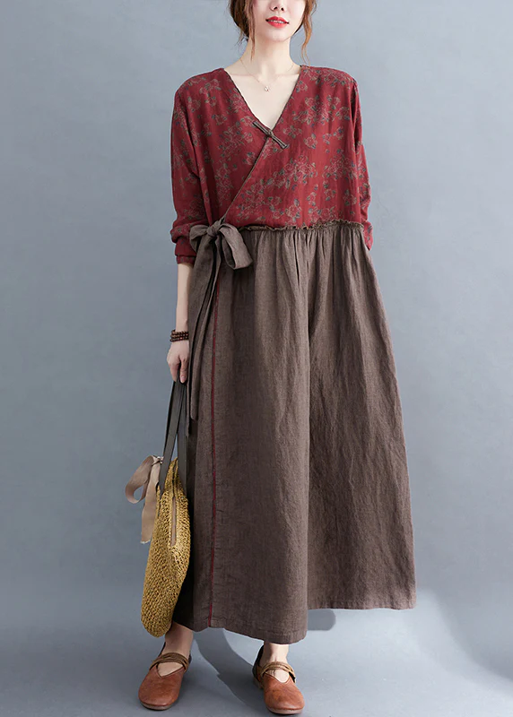 Vintage V Neck tie waist Ruffled Patchwork Print Linen Dress Long Sleeve - republicanstateiVintage V Neck tie waist Ruffled Patchwork Print Linen Dress Long Sleeve - republicanstatei