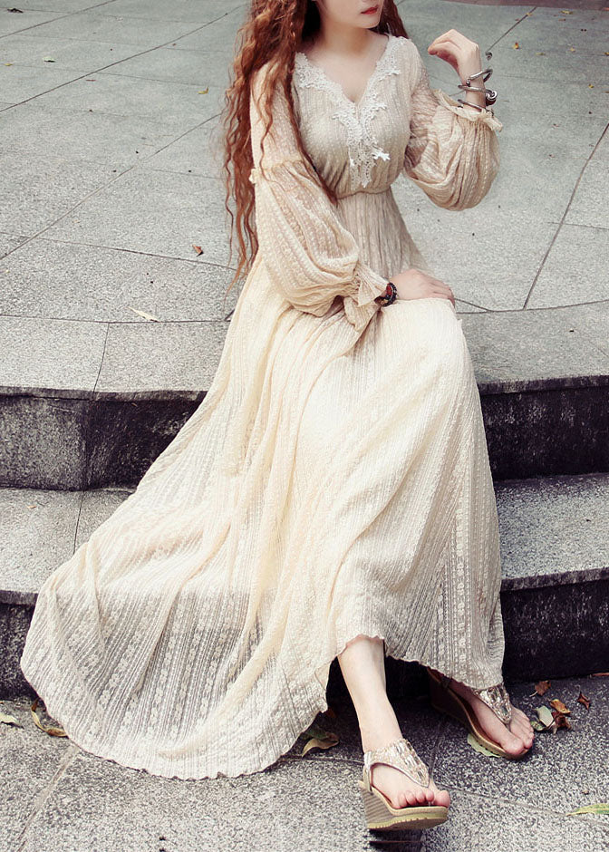 Bohemian Beige V Neck Lace Patchwork Exra Large Hem Maxi Dress Puff Sleeve - republicanstateiBohemian Beige V Neck Lace Patchwork Exra Large Hem Maxi Dress Puff Sleeve - republicanstatei