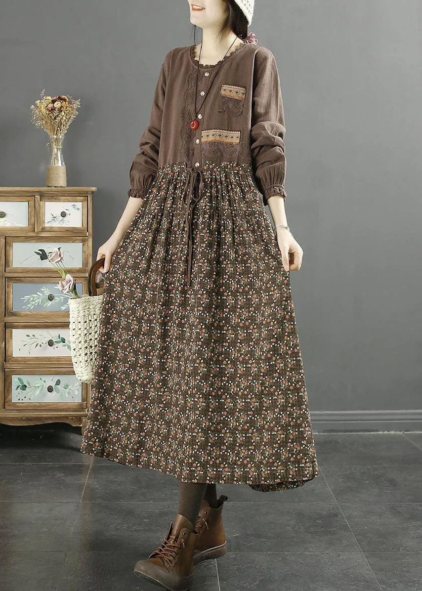 Coffee Print Patchwork Cotton Long Dress Drawstring O Neck Lace Spring - republicanstateiCoffee Print Patchwork Cotton Long Dress Drawstring O Neck Lace Spring - republicanstatei