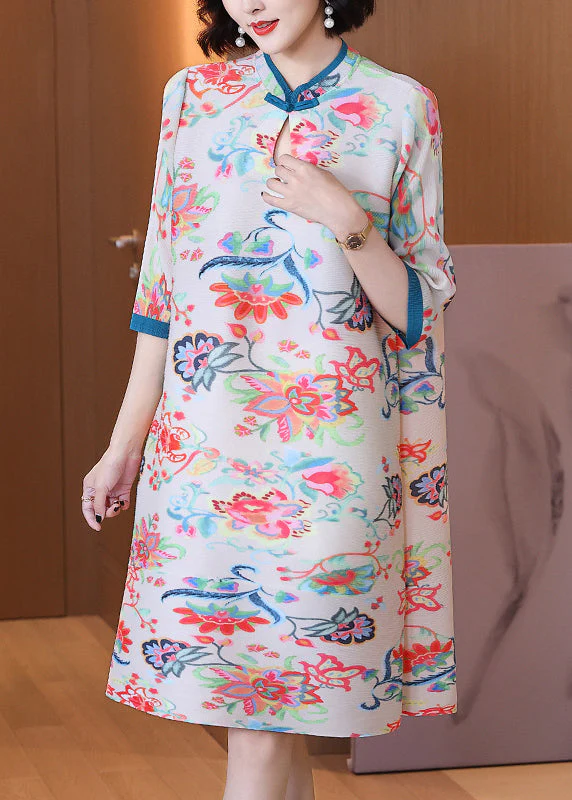 Casual White Stand Collar Print Button Wrinkled Long Dresses Half Sleeve - republicanstateiCasual White Stand Collar Print Button Wrinkled Long Dresses Half Sleeve - republicanstatei
