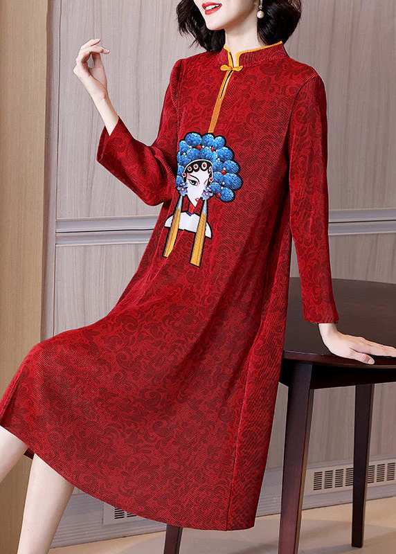 Red Stand Collar Print Patchwork Wrinkled Button Maxi Dress Long Sleeve - republicanstateiRed Stand Collar Print Patchwork Wrinkled Button Maxi Dress Long Sleeve - republicanstatei