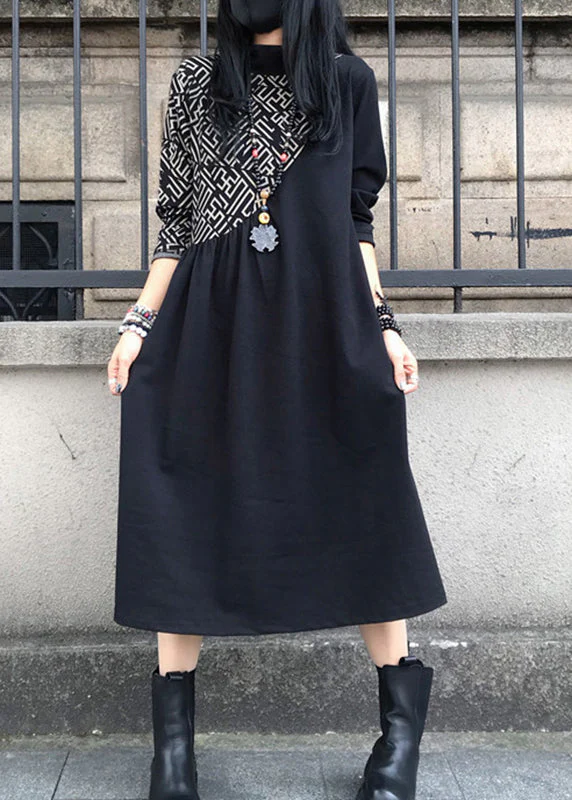 Women Black O-Neck Asymmetrical Patchwork Cotton Maxi Dress Long Sleeve - republicanstateiWomen Black O-Neck Asymmetrical Patchwork Cotton Maxi Dress Long Sleeve - republicanstatei