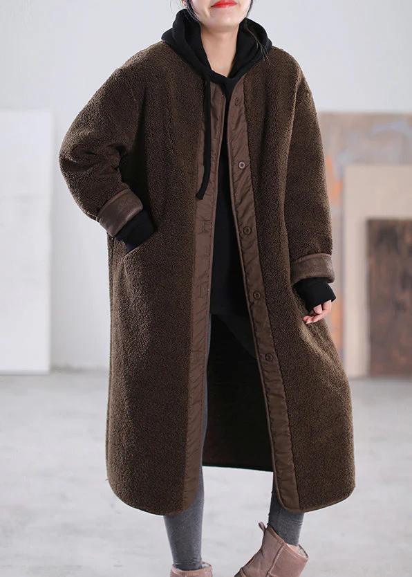 Loose Chocolate O-Neck Patchwork Button Pockets Faux Fur Coats Long Sleeve - republicanstateiLoose Chocolate O-Neck Patchwork Button Pockets Faux Fur Coats Long Sleeve - republicanstatei