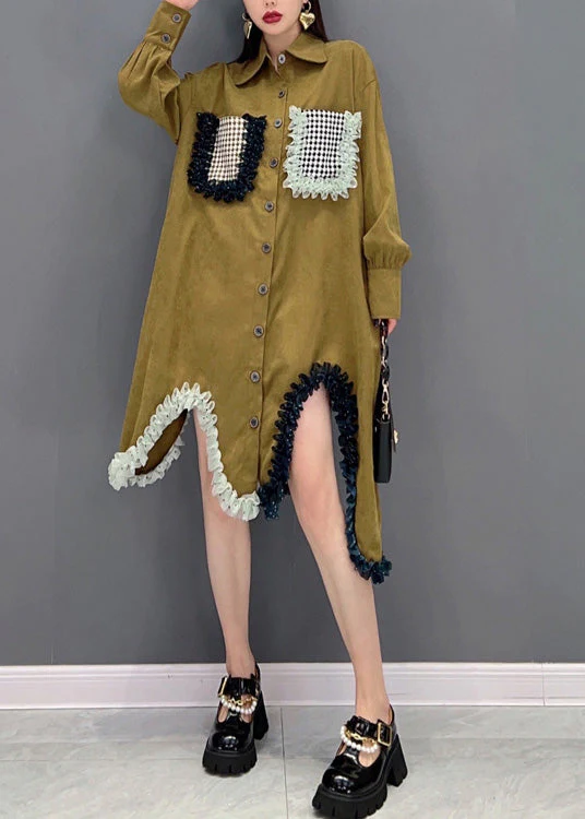 French Khaki Peter Pan Collar Patchwork Button Long Shirts Dress Spring - republicanstateiFrench Khaki Peter Pan Collar Patchwork Button Long Shirts Dress Spring - republicanstatei