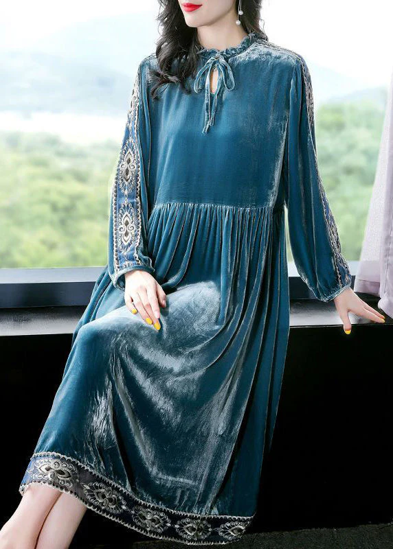 Women Peacock Blue Ruffled Embroideried Patchwork Silk Velour Dress Spring - republicanstateiWomen Peacock Blue Ruffled Embroideried Patchwork Silk Velour Dress Spring - republicanstatei