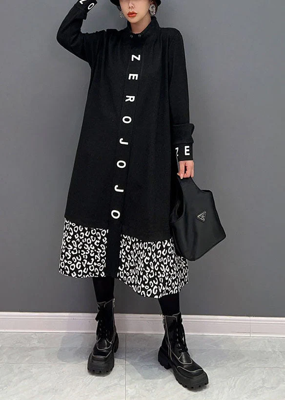 Women Black Stand Collar Patchwork Print Cotton Vacation Dresses Spring - republicanstateiWomen Black Stand Collar Patchwork Print Cotton Vacation Dresses Spring - republicanstatei