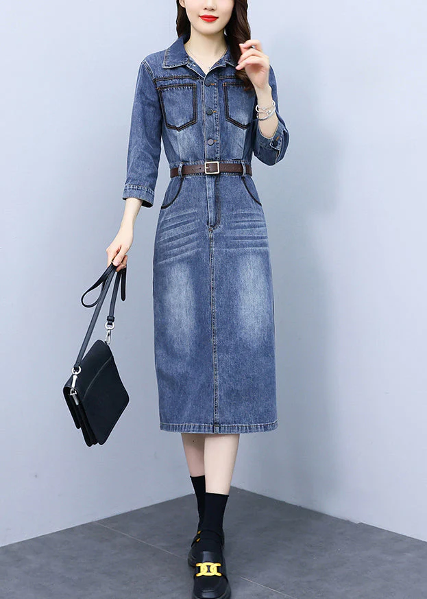 Slim Fit Blue Peter Pan Collar Patchwork Sashes Denim Maxi Dresses Bracelet Sleeve - republicanstateiSlim Fit Blue Peter Pan Collar Patchwork Sashes Denim Maxi Dresses Bracelet Sleeve - republicanstatei