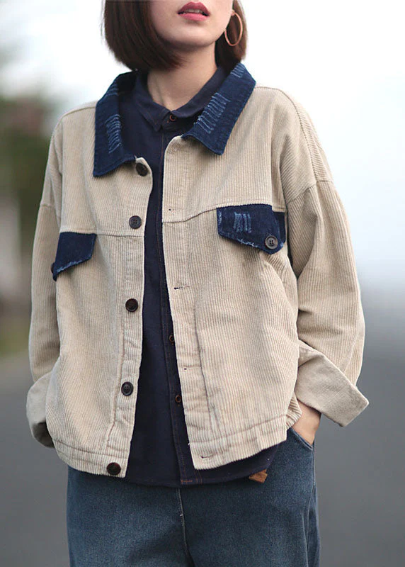 Women Apricot Peter Pan Collar Button Pockets Patchwork Corduroy Coats Long Sleeve - republicanstateiWomen Apricot Peter Pan Collar Button Pockets Patchwork Corduroy Coats Long Sleeve - republicanstatei