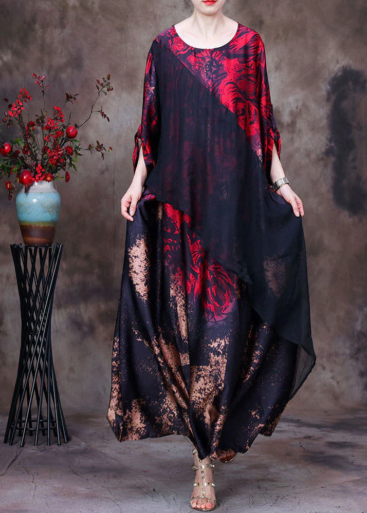 Boutique Red O-Neck Asymmetrical Design Patchwork Silk Long Dress Long Sleeve - republicanstateiBoutique Red O-Neck Asymmetrical Design Patchwork Silk Long Dress Long Sleeve - republicanstatei