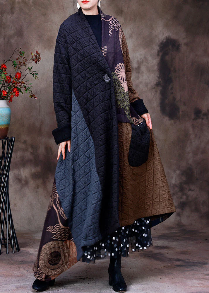 Handmade Chocolate Black Asymmetrical Patchwork Fine Cotton Filled Women Witner Coats - republicanstateiHandmade Chocolate Black Asymmetrical Patchwork Fine Cotton Filled Women Witner Coats - republicanstatei