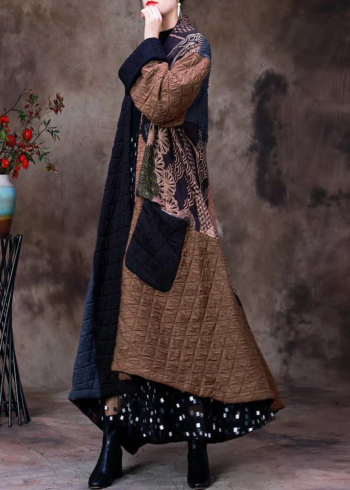 Retro Chocolate Patchwork Black Colour V Neck Asymmetrical Button Pockets Print Cotton Thick Maxi Coat Long Sleeve - republicanstateiRetro Chocolate Patchwork Black Colour V Neck Asymmetrical Button Pockets Print Cotton Thick Maxi Coat Long Sleeve - republicanstatei