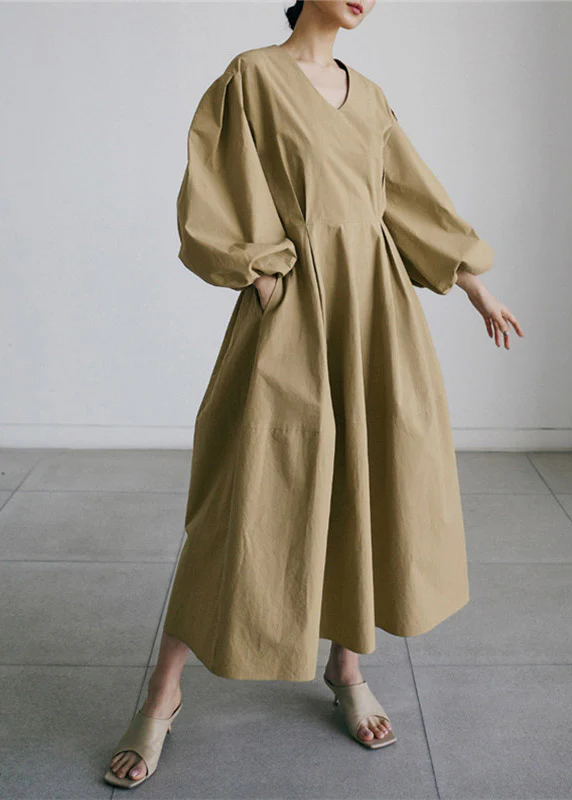 Bohemian Khaki V Neck Patchwork Zippered Cotton Vacation Dresses Long Sleeve - republicanstateiBohemian Khaki V Neck Patchwork Zippered Cotton Vacation Dresses Long Sleeve - republicanstatei