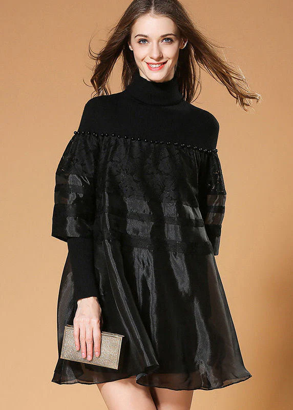 Elegant Black Turtle Neck Nail Bead Patchwork Organza Knit Dresses Spring - republicanstateiElegant Black Turtle Neck Nail Bead Patchwork Organza Knit Dresses Spring - republicanstatei