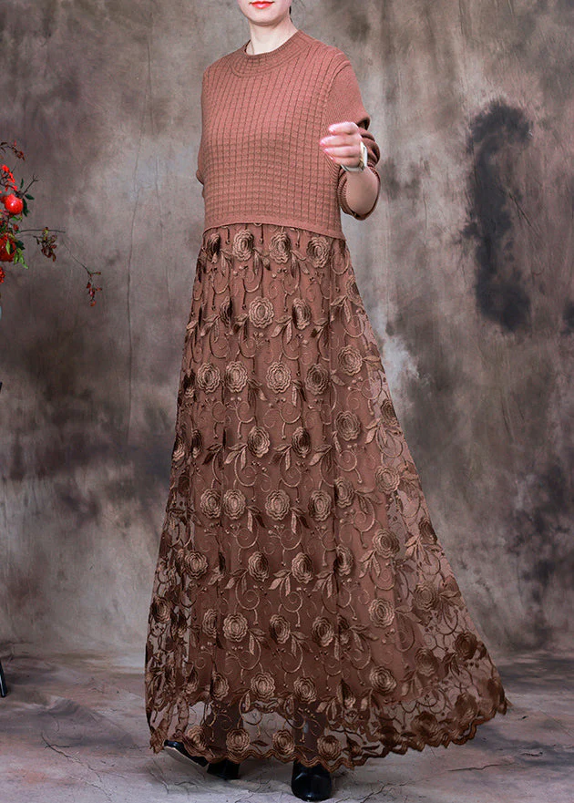 French Chocolate O-Neck Embroideried Lace Patchwork Knit Maxi Dress Long Sleeve - republicanstateiFrench Chocolate O-Neck Embroideried Lace Patchwork Knit Maxi Dress Long Sleeve - republicanstatei
