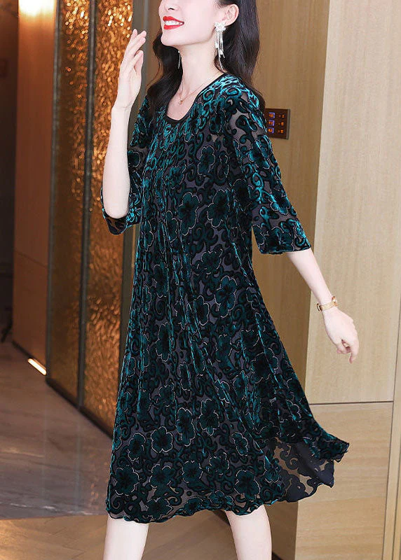 Women Green O-Neck Oversized Print Silk Velour Party Dress Half Sleeve - republicanstateiWomen Green O-Neck Oversized Print Silk Velour Party Dress Half Sleeve - republicanstatei