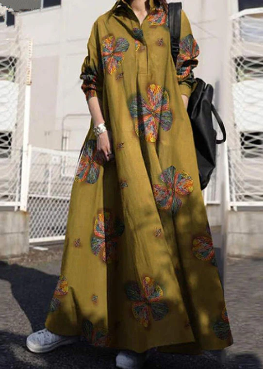 Women Retro Floral Print Lapel Bohemian Loose Long Sleeve Maxi Shirt Dress With Pocket - republicanstateiWomen Retro Floral Print Lapel Bohemian Loose Long Sleeve Maxi Shirt Dress With Pocket - republicanstatei
