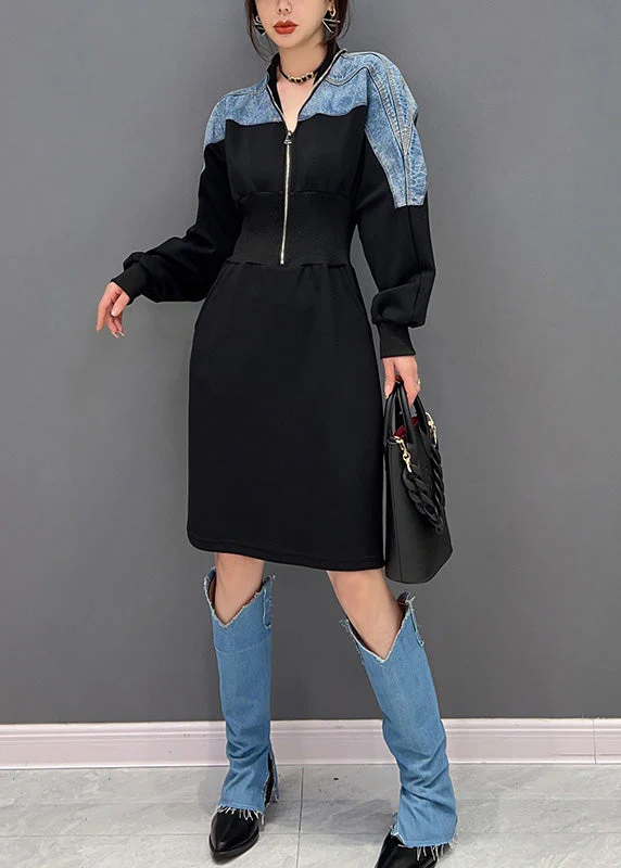 Slim Fit Black V Neck Zippered Patchwork Denim Maxi Dresses Long Sleeve - republicanstateiSlim Fit Black V Neck Zippered Patchwork Denim Maxi Dresses Long Sleeve - republicanstatei