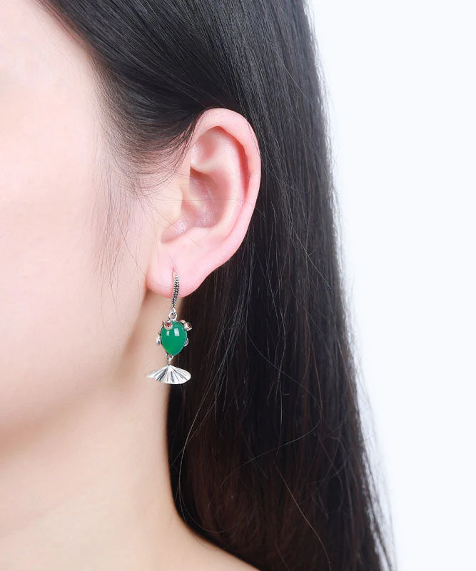 Vintage Green Sterling Silver Inlaid Gem Stone Chalcedony Goldfish Drop Earrings - republicanstateiVintage Green Sterling Silver Inlaid Gem Stone Chalcedony Goldfish Drop Earrings - republicanstatei