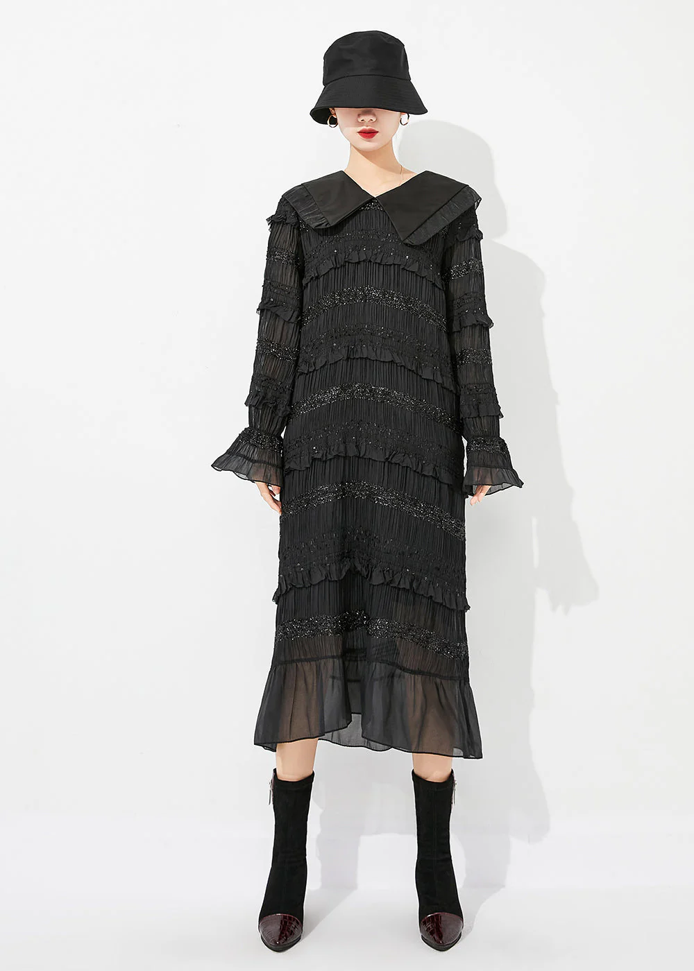 Women Black Peter Pan Collar Ruffled Patchwork Wrinkled Long Dress Spring - republicanstateiWomen Black Peter Pan Collar Ruffled Patchwork Wrinkled Long Dress Spring - republicanstatei