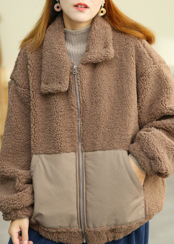 Modern Khaki Peter Pan Collar Patchwork Pockets Teddy Faux Fur Puffers Jackets Winter - republicanstateiModern Khaki Peter Pan Collar Patchwork Pockets Teddy Faux Fur Puffers Jackets Winter - republicanstatei