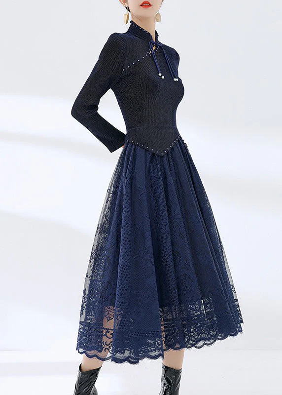 Novelty Blue Stand Collar Patchwork Fake Two Pieces Lace Nail Bead Maxi Dresses Spring - republicanstateiNovelty Blue Stand Collar Patchwork Fake Two Pieces Lace Nail Bead Maxi Dresses Spring - republicanstatei