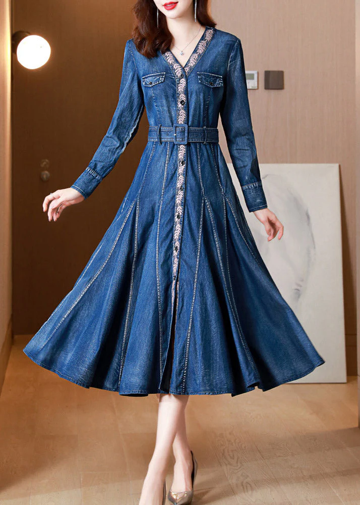 Casual Blue V Neck Print Button Sashes Silk Denim Maxi Dresses Long Sleeve - republicanstateiCasual Blue V Neck Print Button Sashes Silk Denim Maxi Dresses Long Sleeve - republicanstatei