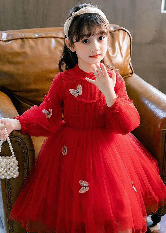 Style Red Butterfly Embroideried Knit Patchwork Tulle Kids Long Dresses Long Sleeve - republicanstateiStyle Red Butterfly Embroideried Knit Patchwork Tulle Kids Long Dresses Long Sleeve - republicanstatei