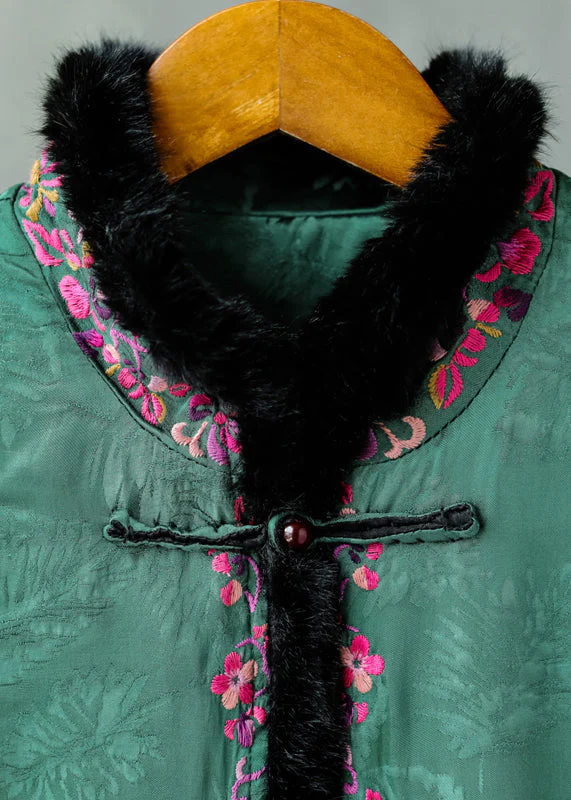 Chinese Style Green Rabbit Hair Collar Embroideried Floral Thick Cotton Waistcoat Sleeveless - republicanstateiChinese Style Green Rabbit Hair Collar Embroideried Floral Thick Cotton Waistcoat Sleeveless - republicanstatei