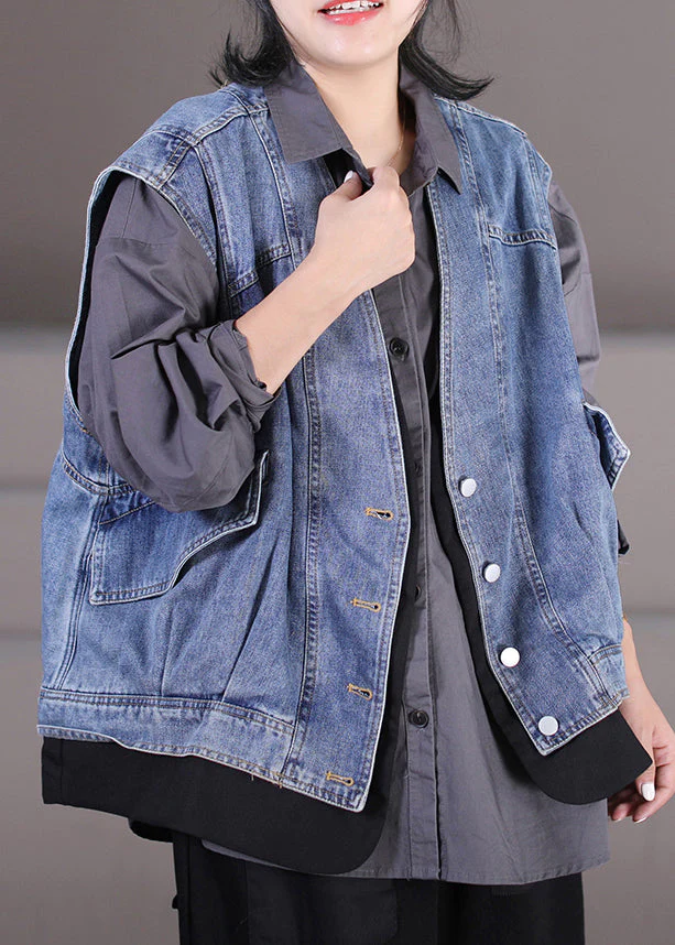 Unique Light Blue V Neck Patchwork Pockets Fake Two Pieces Denim Waistcoat Sleeveless - republicanstateiUnique Light Blue V Neck Patchwork Pockets Fake Two Pieces Denim Waistcoat Sleeveless - republicanstatei
