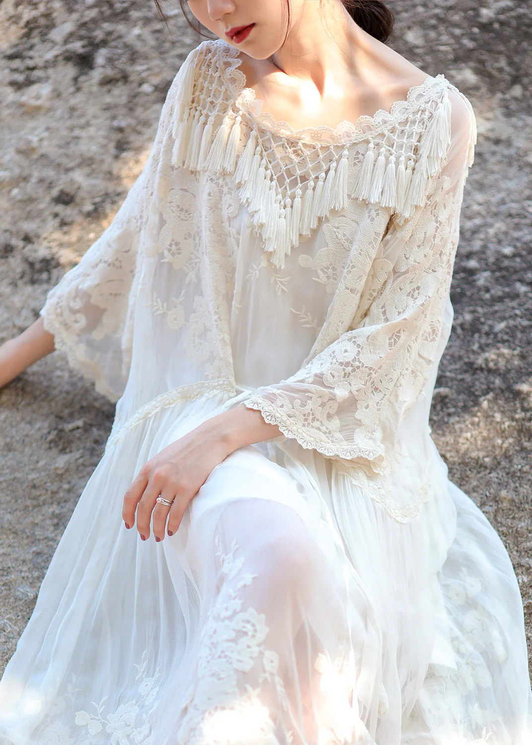 Organic Beige O-Neck Embroideried Floral Lace Tassel Silk Long Dress Long Sleeve - republicanstateiOrganic Beige O-Neck Embroideried Floral Lace Tassel Silk Long Dress Long Sleeve - republicanstatei