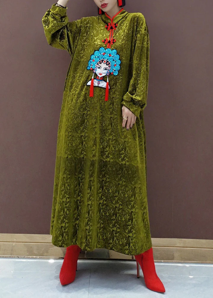 Chinese Style Black Stand Collar Embroidered Silk Velour Maxi Dresses Long Sleeve - republicanstateiChinese Style Black Stand Collar Embroidered Silk Velour Maxi Dresses Long Sleeve - republicanstatei