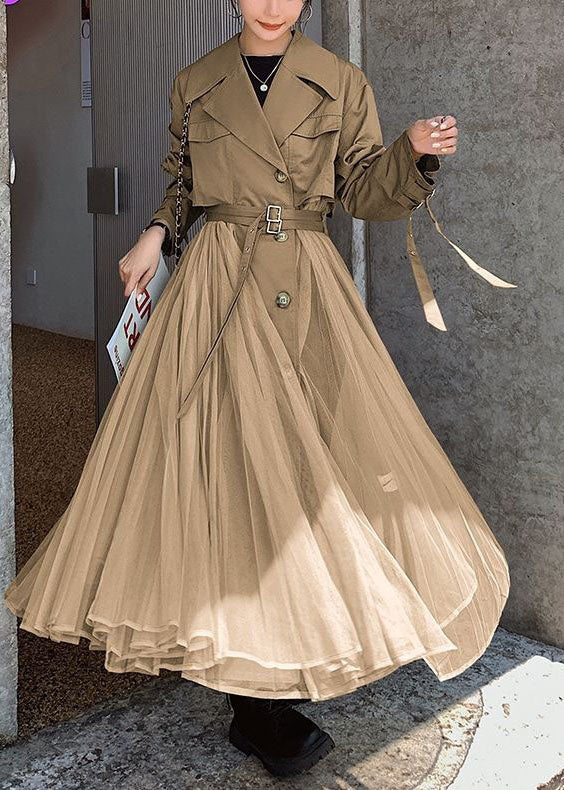 Women Khaki Peter Pan Collar Tulle Patchwork Cotton Trench Long Sleeve - republicanstateiWomen Khaki Peter Pan Collar Tulle Patchwork Cotton Trench Long Sleeve - republicanstatei