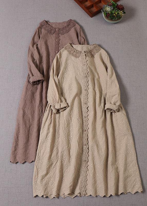 Handmade Khaki Pockets Button Embroideried Fall wrinkled Maxi Dresses Long sleeve - republicanstateiHandmade Khaki Pockets Button Embroideried Fall wrinkled Maxi Dresses Long sleeve - republicanstatei