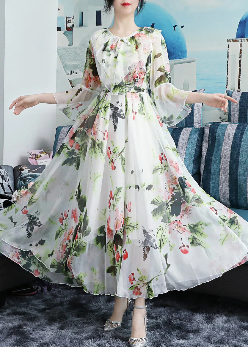 Chic White O-Neck Bow Print Ruffled Chiffon Long Beach Dresses Long Sleeve - republicanstateiChic White O-Neck Bow Print Ruffled Chiffon Long Beach Dresses Long Sleeve - republicanstatei