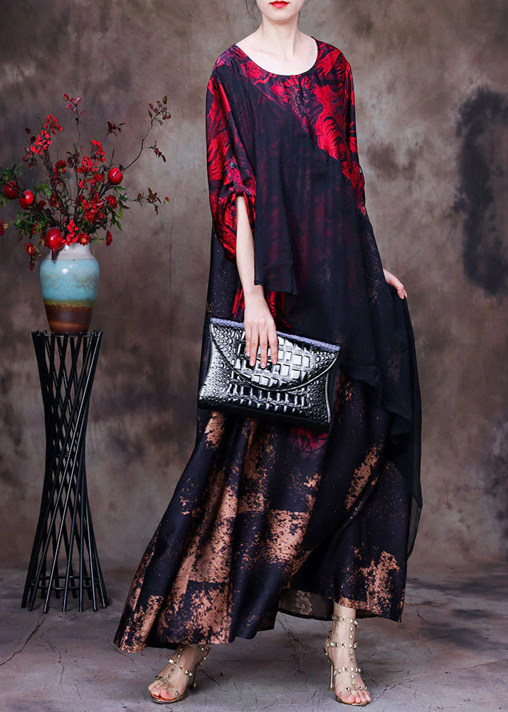 Boutique Red O-Neck Asymmetrical Design Patchwork Silk Long Dress Long Sleeve - republicanstateiBoutique Red O-Neck Asymmetrical Design Patchwork Silk Long Dress Long Sleeve - republicanstatei