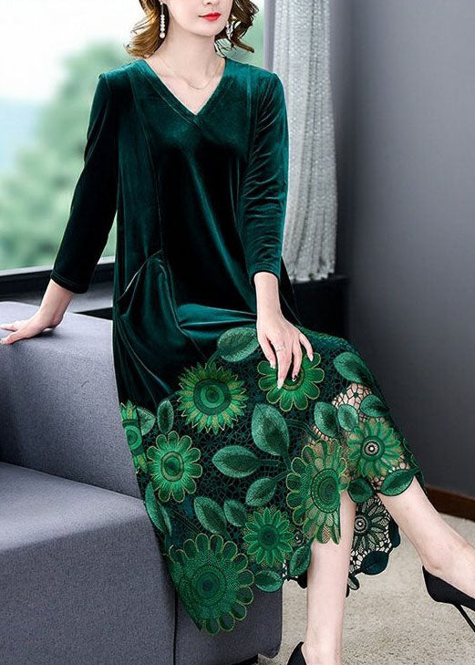 Elegant Green V Neck Embroideried Patchwork Silk Velour Dresses Spring - republicanstateiElegant Green V Neck Embroideried Patchwork Silk Velour Dresses Spring - republicanstatei
