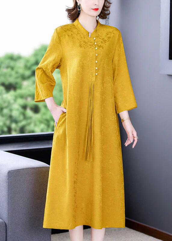 Elegant Yellow Stand Collar Tassel Button Silk Long Dresses Long Sleeve - republicanstateiElegant Yellow Stand Collar Tassel Button Silk Long Dresses Long Sleeve - republicanstatei