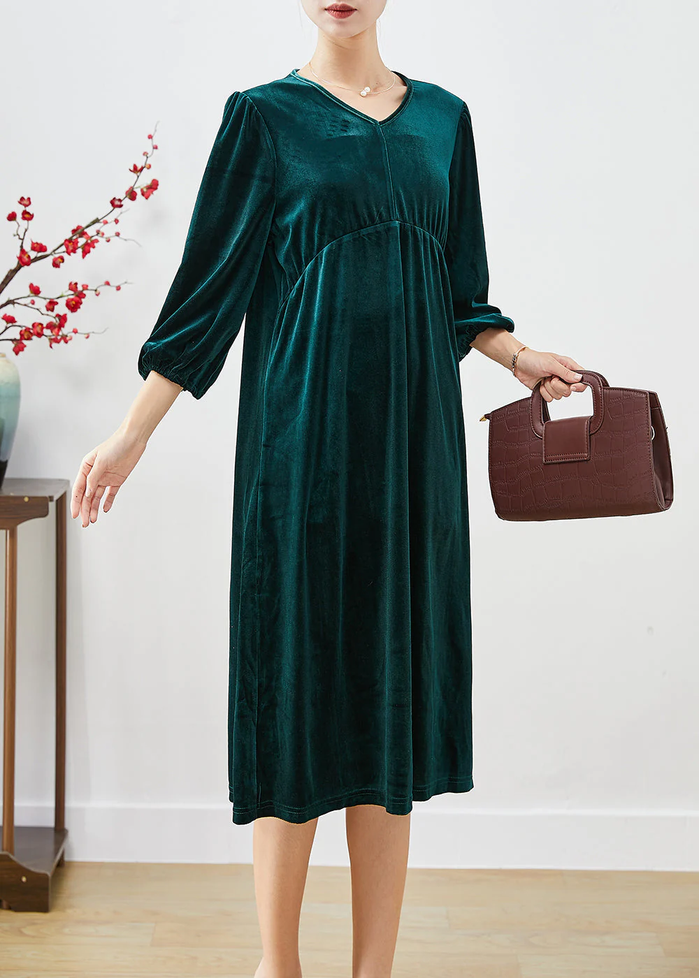 Fashion Peacock Green Oversized Patchwork Silk Velour Holiday Dress Lantern Sleeve - republicanstateiFashion Peacock Green Oversized Patchwork Silk Velour Holiday Dress Lantern Sleeve - republicanstatei