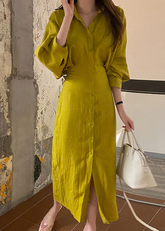 Bohemian Yellow Peter Pan Collar Cinched Cotton Shirt Dresses Lantern Sleeve - republicanstateiBohemian Yellow Peter Pan Collar Cinched Cotton Shirt Dresses Lantern Sleeve - republicanstatei