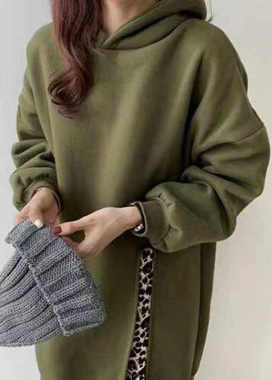 Loose Green Hooded Patchwork Leopard False Two Pieces Warm Fleece Dress Long Sleeve - republicanstateiLoose Green Hooded Patchwork Leopard False Two Pieces Warm Fleece Dress Long Sleeve - republicanstatei