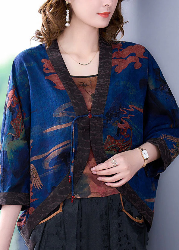 Boutique Blue V Neck Print Oriental Button Silk Loose Cardigan Batwing Sleeve - republicanstateiBoutique Blue V Neck Print Oriental Button Silk Loose Cardigan Batwing Sleeve - republicanstatei