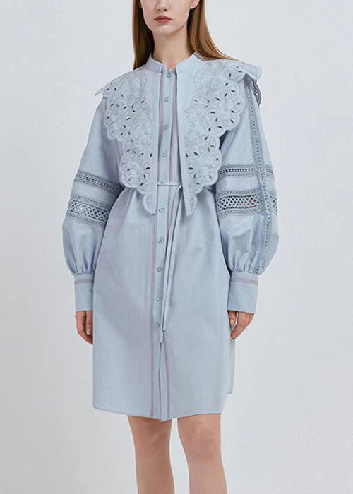 French Blue Hollow Out Lace Up Patchwork Cotton Blouses Mid Dress Fall - republicanstateiFrench Blue Hollow Out Lace Up Patchwork Cotton Blouses Mid Dress Fall - republicanstatei