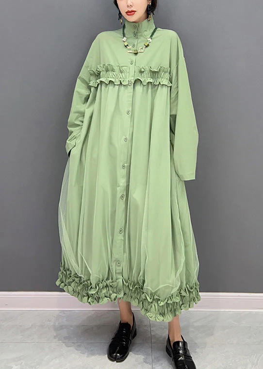Elegant Green Stand Collar Ruffled Tulle Patchwork Button Maxi Dress Winter - republicanstateiElegant Green Stand Collar Ruffled Tulle Patchwork Button Maxi Dress Winter - republicanstatei