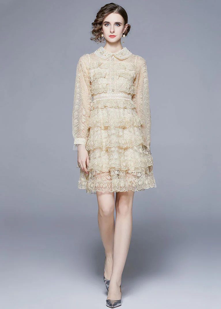 Beige Tulle Holiday Dress Peter Pan Collar Layered Ruffles Long Sleeve - republicanstateiBeige Tulle Holiday Dress Peter Pan Collar Layered Ruffles Long Sleeve - republicanstatei