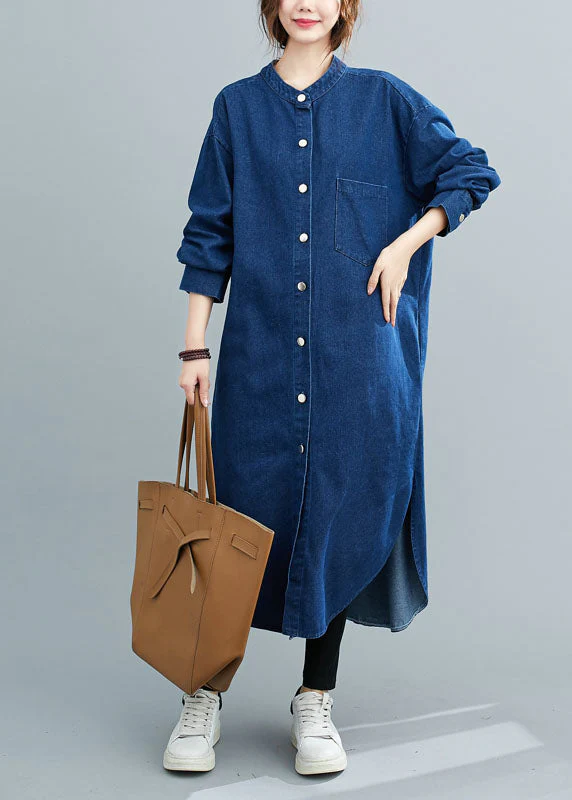 Simple Denim Blue Stand Collar Oversized Side Open Cotton Shirt Dresses Spring - republicanstateiSimple Denim Blue Stand Collar Oversized Side Open Cotton Shirt Dresses Spring - republicanstatei