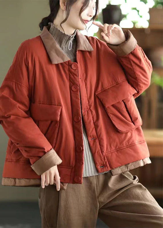 Italian Red Peter Pan Collar Pockets Patchwork Fine Cotton Filled Parka Jacket Winter - republicanstateiItalian Red Peter Pan Collar Pockets Patchwork Fine Cotton Filled Parka Jacket Winter - republicanstatei