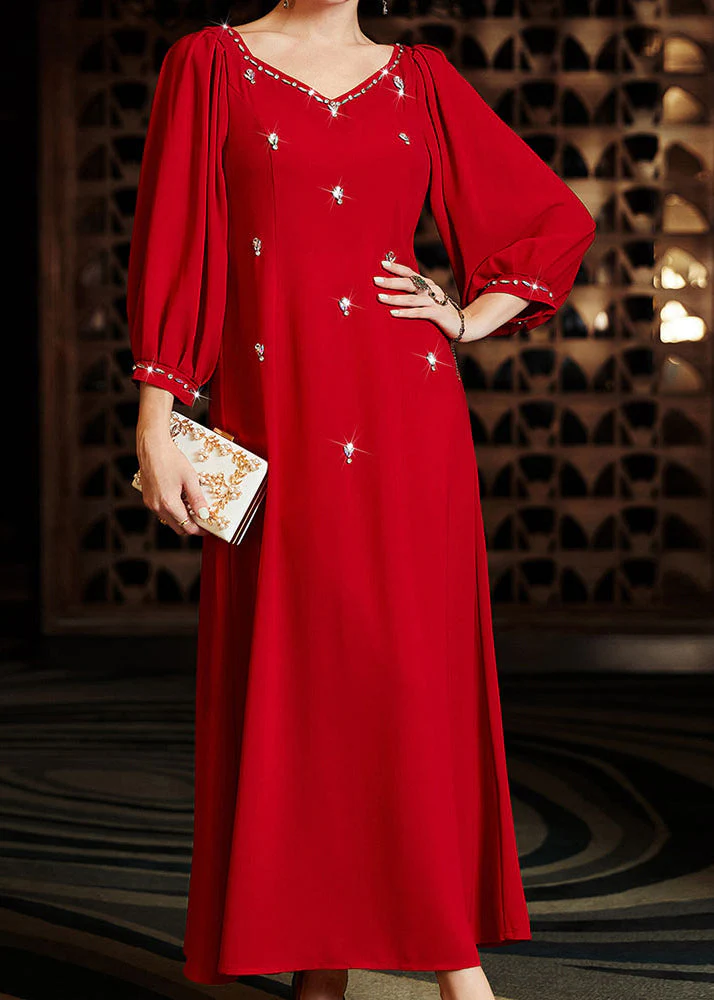 Elegant Wine Red V Neck Patchwork Zircon Chiffon Maxi Dress Long Sleeve - republicanstateiElegant Wine Red V Neck Patchwork Zircon Chiffon Maxi Dress Long Sleeve - republicanstatei