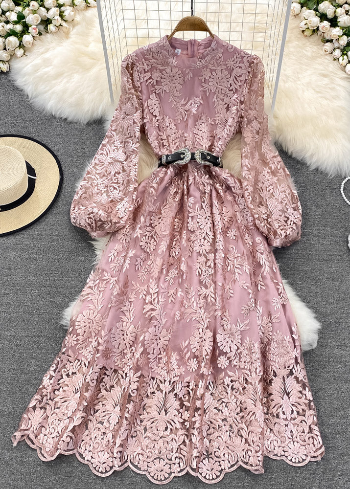 Women Pink O-Neck Embroideried Floral Tunic Sashes Tulle Maxi Dress Lantern Sleeve - republicanstateiWomen Pink O-Neck Embroideried Floral Tunic Sashes Tulle Maxi Dress Lantern Sleeve - republicanstatei