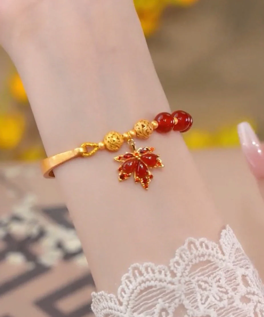 Style Red Sterling Silver Overgild Agate Maple Leaves Tassel Charm Bracelet - republicanstateiStyle Red Sterling Silver Overgild Agate Maple Leaves Tassel Charm Bracelet - republicanstatei